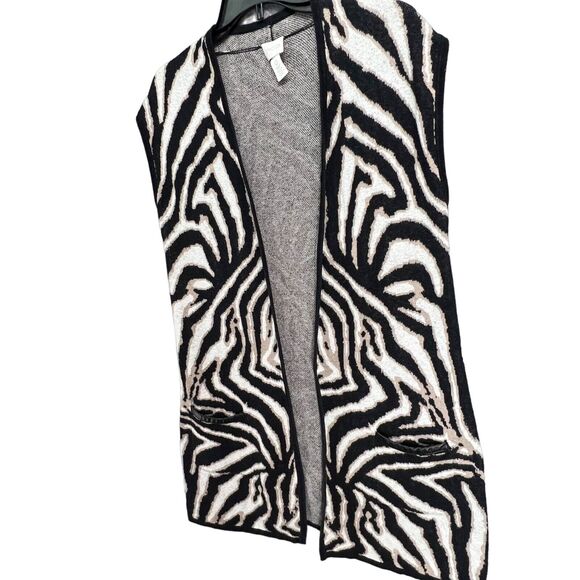 Chicos Maggie Duster Womens Small Black Tan Zebra Open Sweater Vest Lightweight - Picture 2 of 16